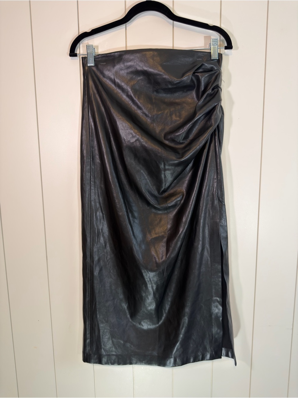 Zara Black Faux Leather Draped Midi Skirt with Side Ruche